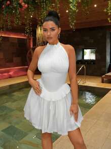 SHEIN SXY Women's White Summer 70s Party Prom Dress,Bohemia Pleated Halter Strap Hollowed-Out Back Puffy Hem Slim Mini Dress,Elegance Wedding Guest Vacay Outfit - White - View 2