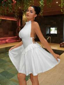 SHEIN SXY Women's White Summer 70s Party Prom Dress,Bohemia Pleated Halter Strap Hollowed-Out Back Puffy Hem Slim Mini Dress,Elegance Wedding Guest Vacay Outfit - White - View 3