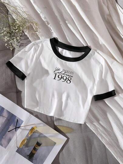 Flirla 女士加大撞色边饰可爱休闲字母图案 T 恤，春季上衣