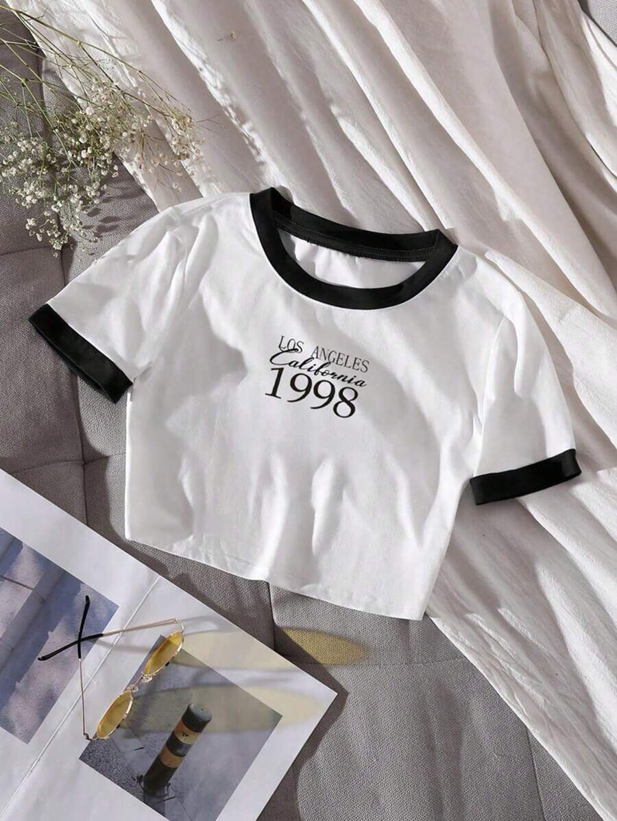 Flirla 女士加大撞色边饰可爱休闲字母图案 T 恤，春季上衣 - 白色 - 查看 1