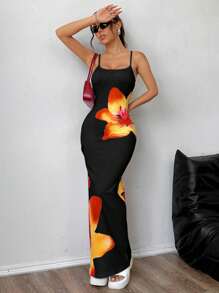 SHEIN Tall CURVE Plus Size Women Floral Print Long Slim Fit Cami Dress