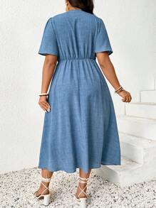SHEIN Frenchy Plus Size Women Solid Color Twist Ruffle Short Sleeve Casual Dress - Blue - View 6