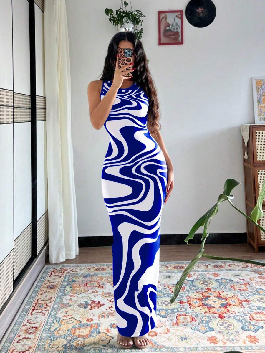 Almamuse Women's Tie-Dye Print Fitted Dress, Summer Long Dress, Green Long Dress Maxi Women Outfit - Blue - View 1