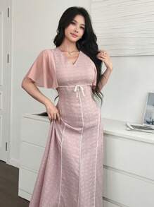 Modelyn Women's Elegant V-Neck Jacquard Romantic Short Sleeve Dress, Casual Everyday Wear - Pink - View 1