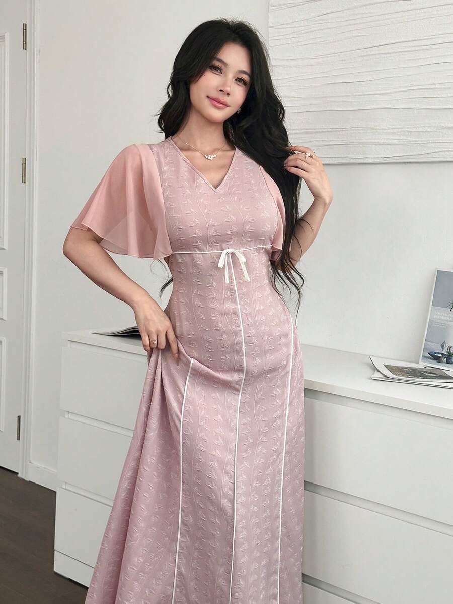 Modelyn Women's Elegant V-Neck Jacquard Romantic Short Sleeve Dress, Casual Everyday Wear - Pink - View 1