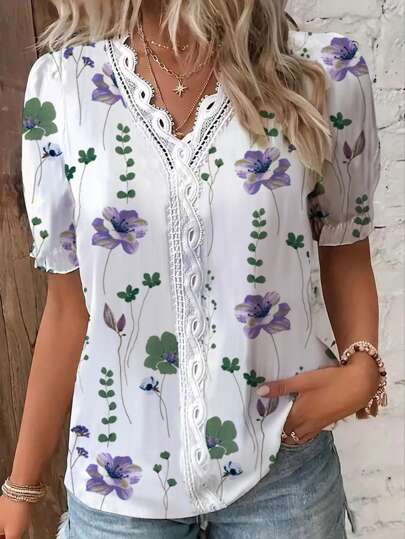 SHEIN LUNE Women's Floral Print Contrast Lace Puff Sleeve Blouse, Perfect For Vacation