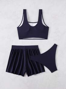 Swim Lushoire Women Beach Summer Outfits: Solid Color Crew Neck Sleeveless Top, High Cut Swimming Trunks, And Wavy Trim Casual Swimwear Set