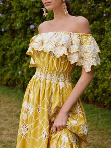 Anewsta 时尚镂空刺绣优雅露肩短袖蕾丝花卉印花连衣裙，适合节日、外出、度假、春季 - 黃色 - 查看 5