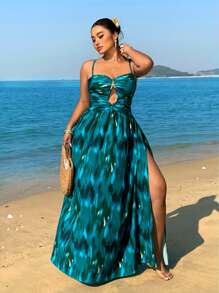 Sunnyshic Plus Size Women's Charming Print Front Twist Hollow-Out High Slit Dress, Vacation Vibe