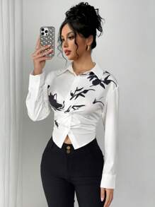 Chiquease Women's Elegant Floral Print Twist Front Blouse