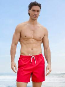 Manfinity Swimmode Shorts de playa casuales y sencillos de unicolor para hombre, uso diario de moda - Rojo - Ver 3