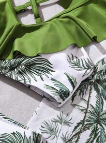 Tween Girl Vacation Palm Tree Print Ruffle Trim Bikini Set With Coverup And Pants (Print Design May Vary) - Multicolor - View 5