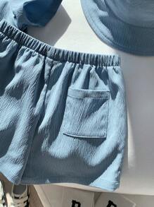 SHEIN 男婴 3 件套：装饰 Polo 领短袖衬衫、松紧腰短裤和帽子 - 霧霾藍 - 查看 5