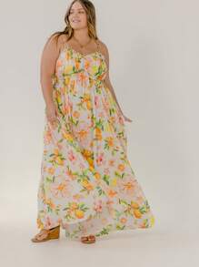 Aralina 曲线花卉印花系带褶饰夏季度假长裙 - 彩色 - 查看 8