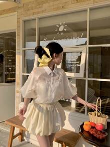 DAZY Blusa de diseño de gasa con mangas abullonadas para mujer