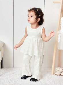 SHEIN Vintaside Kids Baby Girl Knitted Patterned Tank Dress Set, Summer Fashion