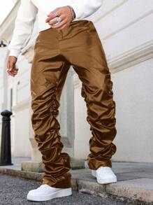 PAVTROS Men's Fashionable Solid Color Ruched Pants - Brown - View 5