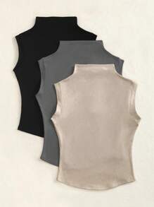 Elamini 1pc Women Stand Collar Asymmetrical Hem Casual Basic Tank Top - Multicolor - View 2