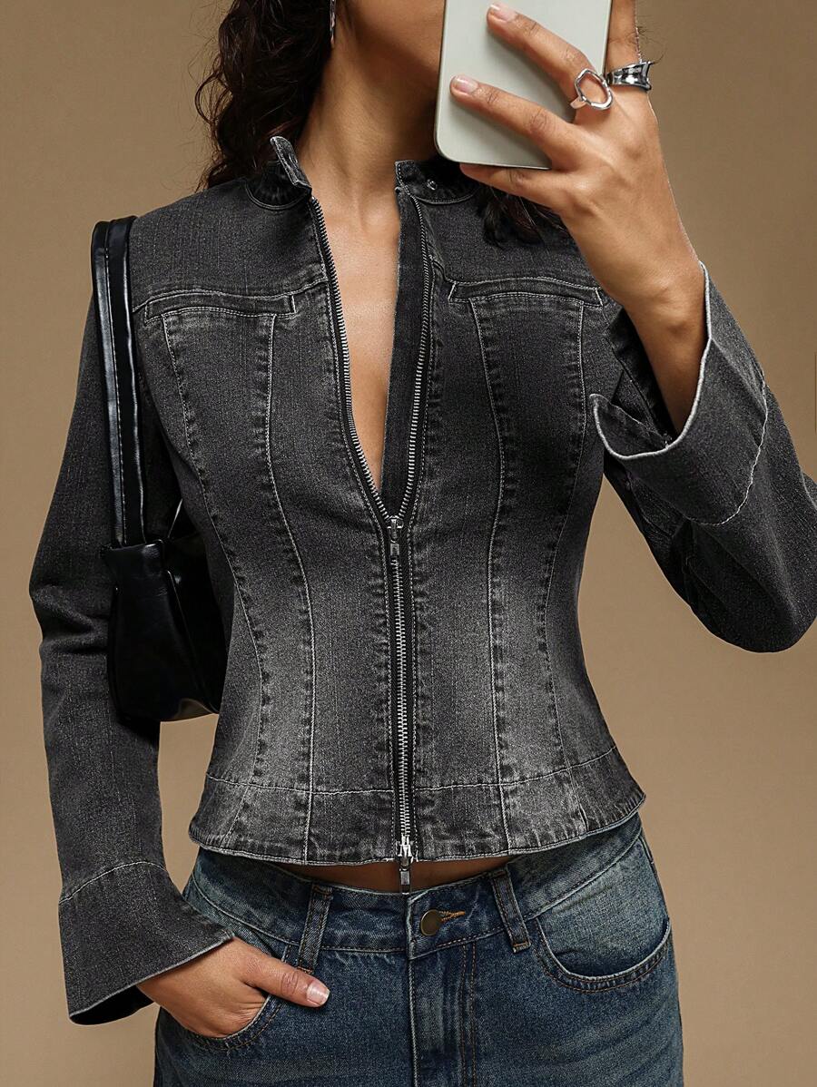 Forever 21 Women's Distressed Denim Jacket With Zipper And Waist Drawcord - Black - View 1