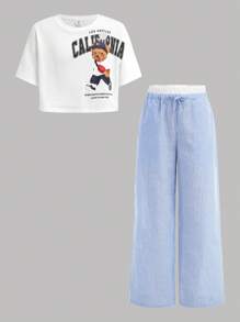 Tween Girls 2pcs Set: Striped Loose Wide Leg Pants And Oversized Short Sleeve T-Shirt With Letter Print - White - View 3