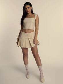 MUSERA Lace Trim Structured Square Neck Cropped Top Spring Summer Cute - Cream - View 4