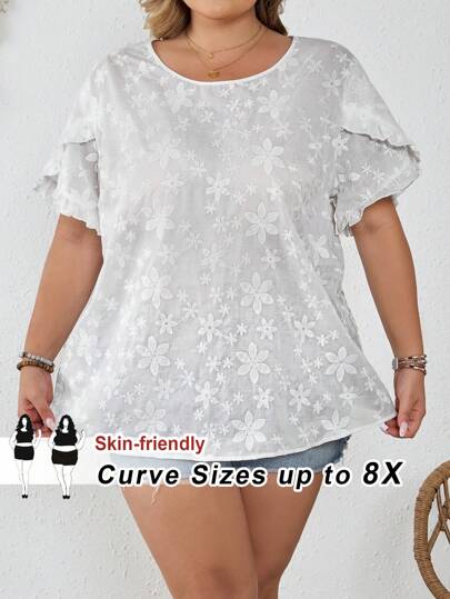 SHEIN CURVE+ 大码白色泡泡袖花卉刺绣衬衫，夏季波西米亚风度假
