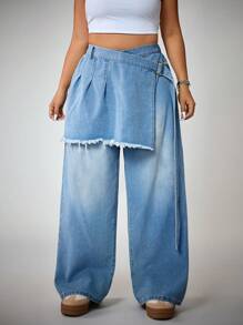 SHEIN ICON 大码女式时尚蓝色拼接宽腿二合一牛仔半身裙 - 中等水洗藍 - 查看 2