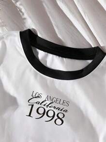 Flirla 女士加大撞色边饰可爱休闲字母图案 T 恤，春季上衣 - 白色 - 查看 3