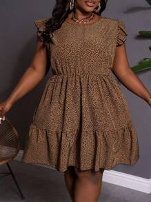 SHEIN CURVE+ Plus Size Round Neck Ruffle Hem Leopard Print Fashion Casual Dress Boho Vacation - Brown - View 6