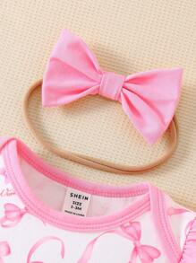 SHEIN Newborn Baby Floral Print Romper With Flutter Sleeves - Red and White - View 7