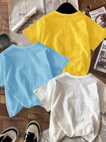 SHEIN 3pcs/Set Young Boy Casual Simple Round Neck Short Sleeve T-Shirt, Suitable For Summer, School, Campus, College - Multicolor - View 2