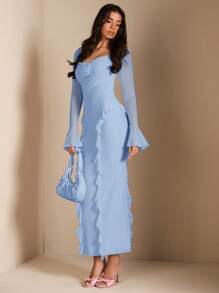 SHEIN BAE Váy xòe thanh lịch có trang trí hoa 3D, Hàng ngày, Hẹn hò, Tụ tập, Trang phục dự tiệc cho phụ nữ, Mùa thu - Màu xanh nhạt - Xem 6