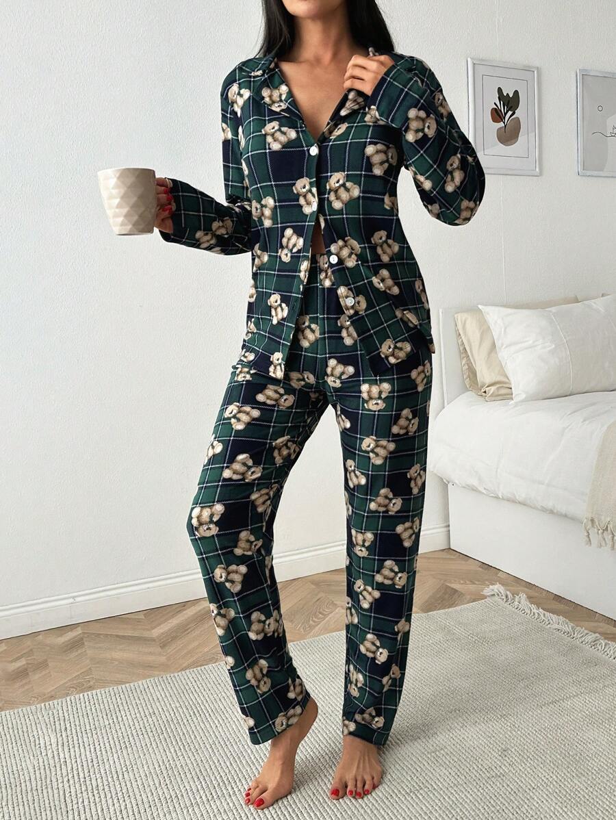 RueChic 2 Pcs Suede Button Front With Bear&Plaid Pattern Homewear PJ Set - Multicolor - View 1