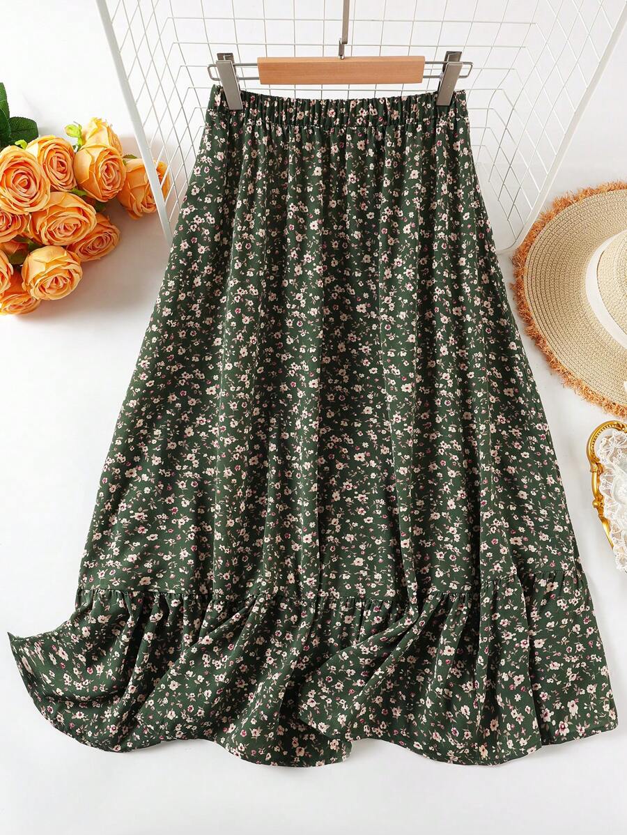 SHEIN LUNE 大码女式碎花休闲裙冬季服装 - 橄欖綠 - 查看 1