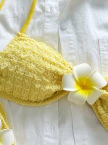 SHEIN Sweetro 2 件套，纹理面料花卉点缀细肩带抹胸上衣和高腰下装性感比基尼泳装，适合海滩/夏季