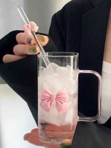 1 件奢华简约方形玻璃杯吸管，蝴蝶结手柄，耐热，13.52 盎司容量，适用于家庭、餐厅、厨房、牛奶、咖啡、果汁 - 粉色 - 查看 3