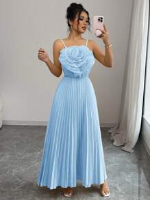 Rafferiza 法式优雅花卉贴花收腰 A 字形连衣裙，黄色，女士，春夏 - 淺藍色 - 查看 3