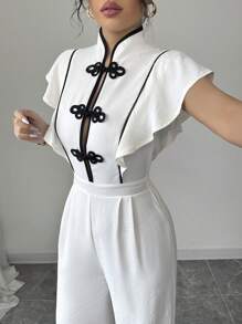SHEIN Unity Women's Elegant Ruffle Trim Chinese Button Front Jumpsuit, Summer - Beige - View 4