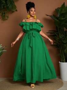 Maweii Đầm trễ vai thanh lịch màu trơn cho kỳ nghỉ cỡ lớn dành cho nữ - màu xanh lá - Xem 3