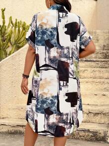 EMERY ROSE 女式领口几何水彩扎染印花正面纽扣休闲短袖衬衫裙 - 藏蓝色 - 查看 2