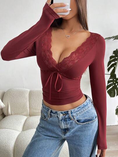 SHEIN EZwear Women's Lace Patchwork V Neck Long Sleeve Lace Tie Blouse