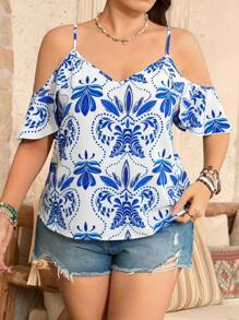 SHEIN LUNE 浪漫花卉印花加大码细肩带露肩荷叶边袖衬衫，朋友搭配牛仔女装夏季女式毕业春季女装夏季毕业复活节女装春夏季度假波西米亚复活节女式上衣