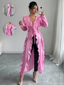 Elenzga Blusa de manga larga con volantes y lazo decorativo, de unicolor, elegante y de moda para oficina, casual, citas y vacaciones