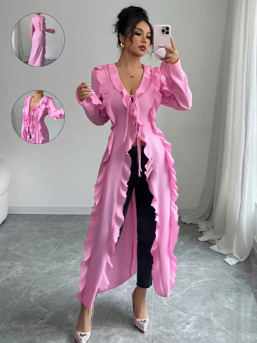 Elenzga 女士优雅时尚办公室休闲约会度假荷叶边饰带装饰纯色长袖衬衫 - 粉色 - 查看 1