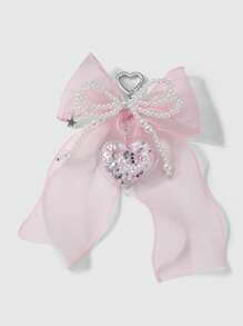 ROMWE Kawaii 1 件优雅简约手工珍珠、粉色/蓝色薄纱蝴蝶结、透明亮片心形星星钥匙扣饰品组合套装，时尚甜美包袋装饰，百搭女士礼物