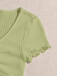 SHEIN EZwear Áo thun tay ngắn cổ chữ V dệt kim kiểu bánh quế viền xoăn Lettuce Trim Knot phía trước - Màu xanh chanh - Xem 5