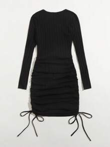 SHEIN EZwear 抽繩抽褶側包臀洋裝 - 黑色 - 查看 2