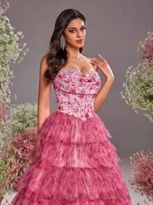 Glamrae Elegant And Gorgeous Pink Digital Printing Handmade Sequin Embroidery Tube Top With Chest Cup Multi-Layer Cake Skirt Suitable For Cocktail Parties, Graduation Ceremonies, Wedding Ceremonies, Bachelorette Parties, Women's Formal Evening Dresses (Heavy Models) - Multicolor - View 4