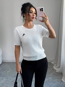 Chiquease Women Elegant Embroidery Round Neck Short Sleeve Knitted Top