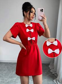 SHEIN Unity 女士优雅新款连衣裙，圆领开衩短袖可拆卸缎面蝴蝶结装饰迷你连衣裙 - 紅色 - 查看 1